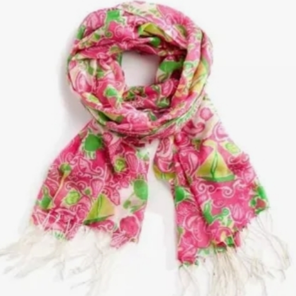 Lilly Pultizer Cashmere  Silk Hibiscus Floral Pink And Green Scarf With Fringe